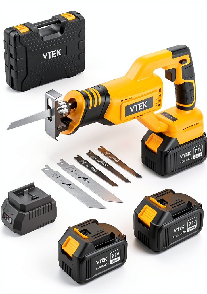 VTEK reciprocating saw being used to cut a wooden beam on a construction site