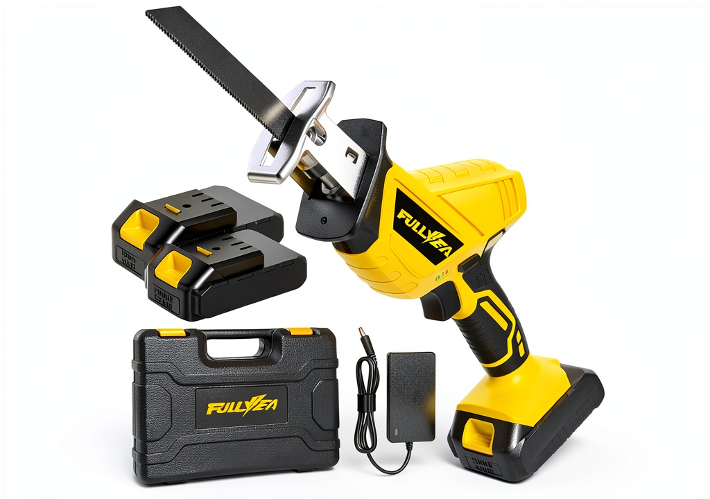 User operating the FULLYEA cordless reciprocating saw on a wooden deck