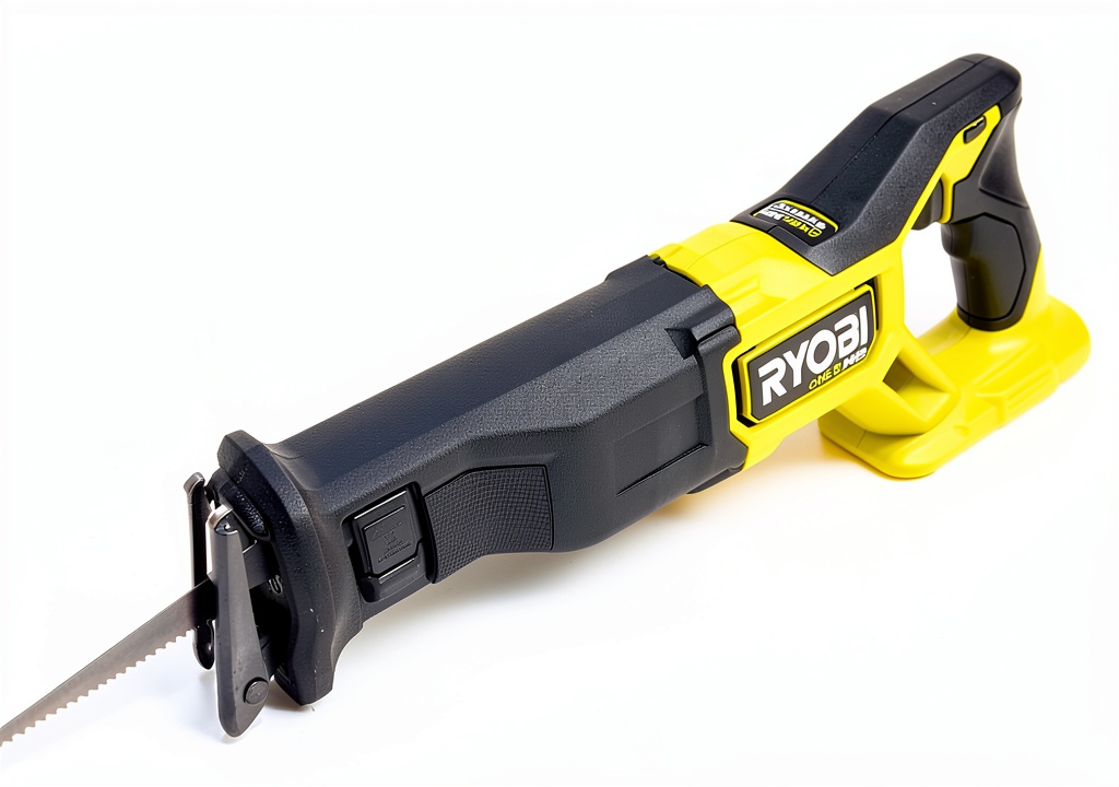 RYOBI reciprocating saw in use on a wooden frame