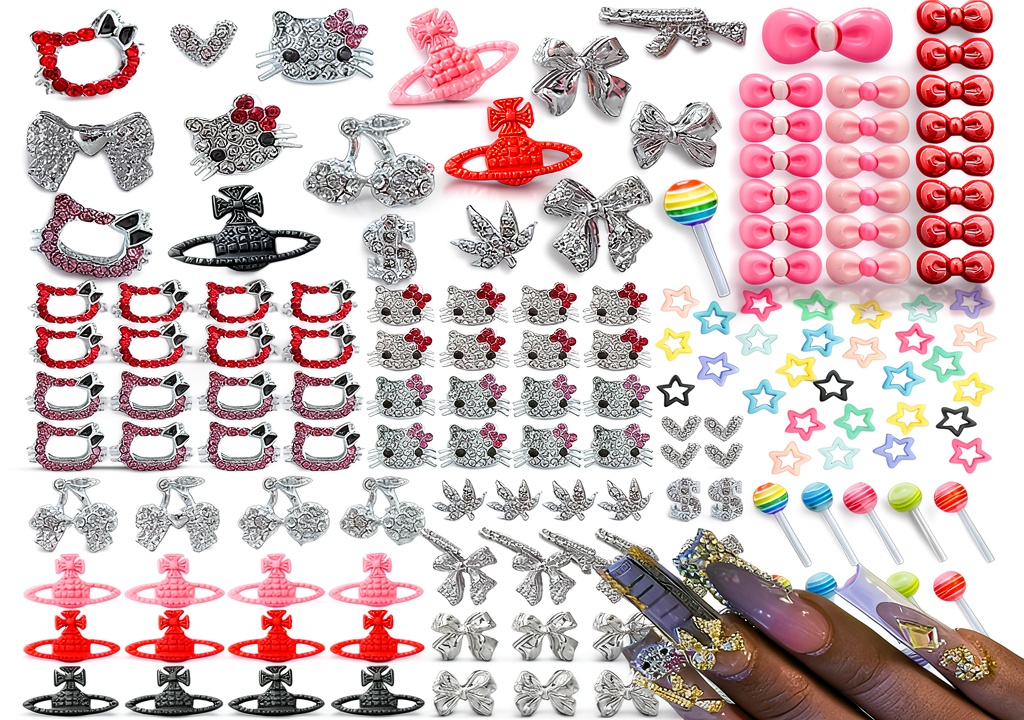 Installing Nail Charms by XIYONALI Metal Rhinestones Resin on a wooden desk
