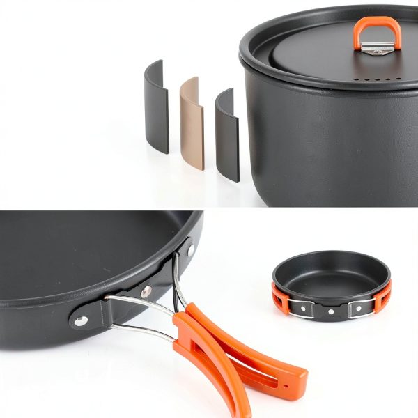 Odoland 18pcs Camping Cookware Large Size Hanging Pot Pan Kettle Set with Plastic Plates Bowls Soup Spoon for Camping, Backpacking, Outdoor Cooking and Picnic-4