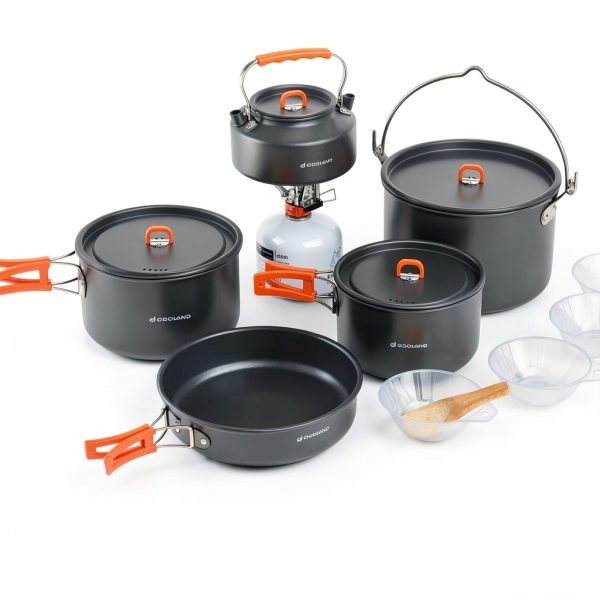 Odoland 18pcs Camping Cookware Large Size Hanging Pot Pan Kettle Set with Plastic Plates Bowls Soup Spoon for Camping, Backpacking, Outdoor Cooking and Picnic-5