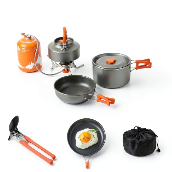 Camping Cooking Set Camping Cookware Outdoor Aluminum Mess Kit with Frying Pan, Pot with Lid, 1.2L Kettle Set and 2 Stainless Steel Plate, 2 Folding Cups and 2 Set Knives Spoons for Backpacking Picnic-5