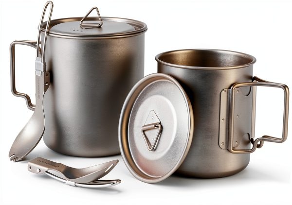 Odoland Titanium Camping Cookware 420ML & 750ML Titanium Pot with Lid and Spork Lightweight Camping Pot for Backpacking Hiking Traveling and Picnic-0