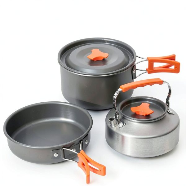 Camping Cooking Set Camping Cookware Outdoor Aluminum Mess Kit with Frying Pan, Pot with Lid, 1.2L Kettle Set and 2 Stainless Steel Plate, 2 Folding Cups and 2 Set Knives Spoons for Backpacking Picnic-1