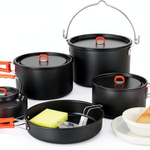 Odoland 18pcs Camping Cookware Large Size Hanging Pot Pan Kettle Set with Plastic Plates Bowls Soup Spoon for Camping, Backpacking, Outdoor Cooking and Picnic-0