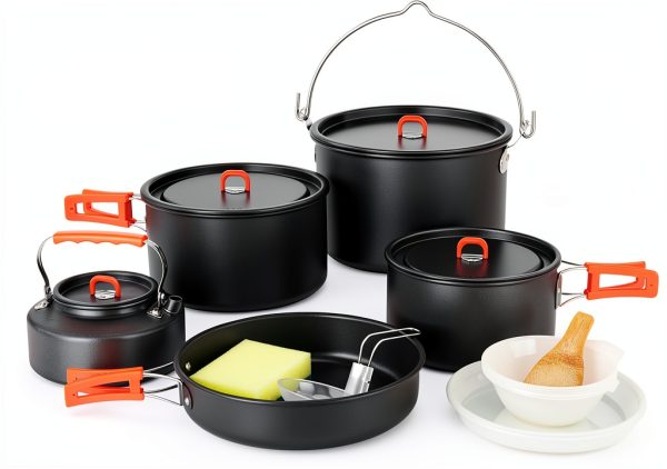 Odoland 18pcs Camping Cookware Large Size Hanging Pot Pan Kettle Set with Plastic Plates Bowls Soup Spoon for Camping, Backpacking, Outdoor Cooking and Picnic-0