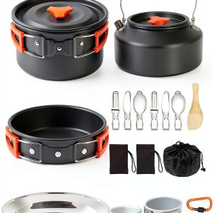 Camping Cooking Set Camping Cookware Outdoor Aluminum Mess Kit with Frying Pan, Pot with Lid, 1.2L Kettle Set and 2 Stainless Steel Plate, 2 Folding Cups and 2 Set Knives Spoons for Backpacking Picnic-0