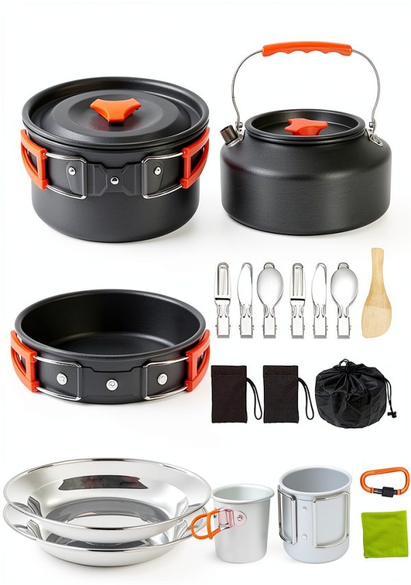 Camping Cooking Set Camping Cookware Outdoor Aluminum Mess Kit with Frying Pan, Pot with Lid, 1.2L Kettle Set and 2 Stainless Steel Plate, 2 Folding Cups and 2 Set Knives Spoons for Backpacking Picnic-0