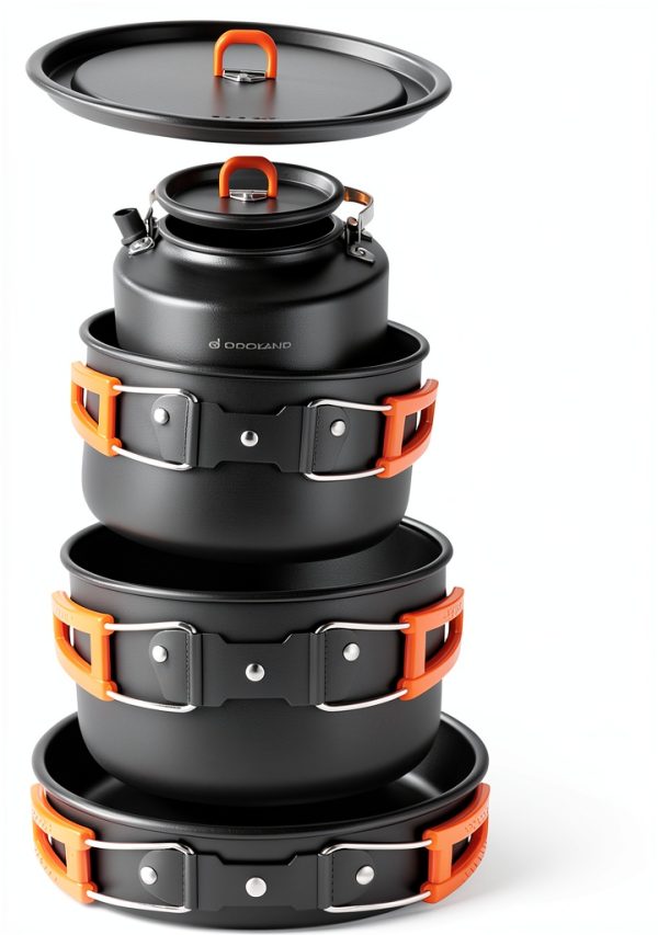 Odoland 18pcs Camping Cookware Large Size Hanging Pot Pan Kettle Set with Plastic Plates Bowls Soup Spoon for Camping, Backpacking, Outdoor Cooking and Picnic-6