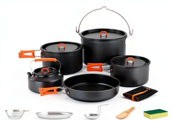Odoland 18pcs Camping Cookware Large Size Hanging Pot Pan Kettle Set with Plastic Plates Bowls Soup Spoon for Camping, Backpacking, Outdoor Cooking and Picnic-3