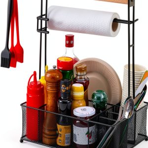 Grill Caddy, Picnic BBQ Organizer for Camping Outdoor Mesh Basket with 3 Hanging Hooks and Paper Towel Holder, Ideal Table Storage Tools for RV Camper/Tailgating/Flatware-0