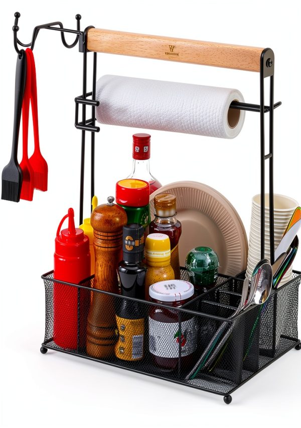 Grill Caddy, Picnic BBQ Organizer for Camping Outdoor Mesh Basket with 3 Hanging Hooks and Paper Towel Holder, Ideal Table Storage Tools for RV Camper/Tailgating/Flatware-0