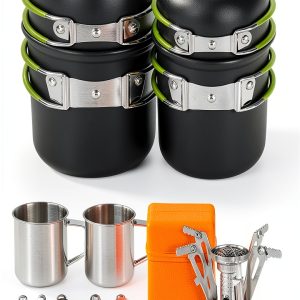 Odoland 16pcs Camping Cookware Mess Kit, Lightweight Pot Pan Mini Stove with 2 Cups, Fork Spoon Kits for Backpacking, Outdoor Camping Hiking and Picnic-0