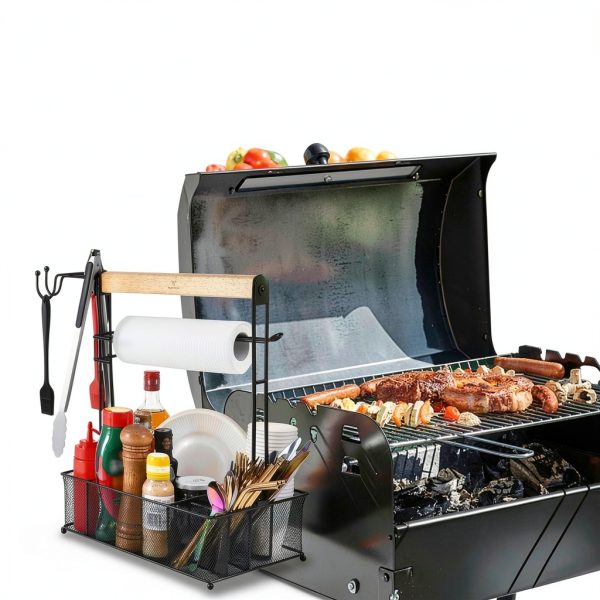 Grill Caddy, Picnic BBQ Organizer for Camping Outdoor Mesh Basket with 3 Hanging Hooks and Paper Towel Holder, Ideal Table Storage Tools for RV Camper/Tailgating/Flatware-7