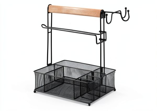 Grill Caddy, Picnic BBQ Organizer for Camping Outdoor Mesh Basket with 3 Hanging Hooks and Paper Towel Holder, Ideal Table Storage Tools for RV Camper/Tailgating/Flatware-2