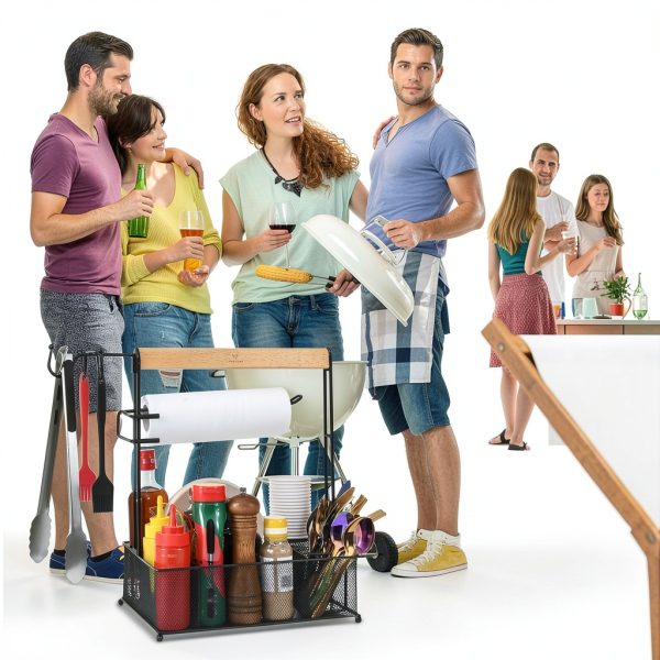 Grill Caddy, Picnic BBQ Organizer for Camping Outdoor Mesh Basket with 3 Hanging Hooks and Paper Towel Holder, Ideal Table Storage Tools for RV Camper/Tailgating/Flatware-6