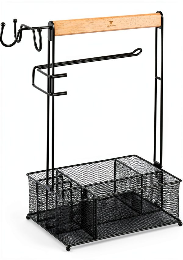 Grill Caddy, Picnic BBQ Organizer for Camping Outdoor Mesh Basket with 3 Hanging Hooks and Paper Towel Holder, Ideal Table Storage Tools for RV Camper/Tailgating/Flatware-1