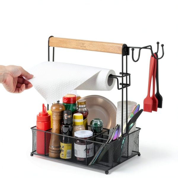 Grill Caddy, Picnic BBQ Organizer for Camping Outdoor Mesh Basket with 3 Hanging Hooks and Paper Towel Holder, Ideal Table Storage Tools for RV Camper/Tailgating/Flatware-8