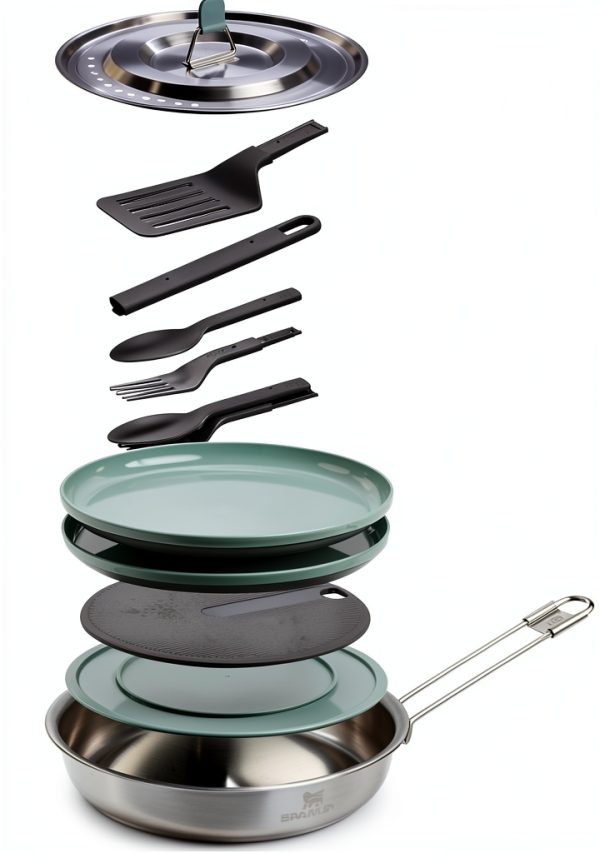 Stanley Wildfare Core 12-Piece Stainless Steel Fry Pan Cook Set | 1 qt Fry Pan with Fold & Lock Handle | Plates, Utensils, Spatula | Camping Essentials for Your Camp Kitchen | BPA-Free-1